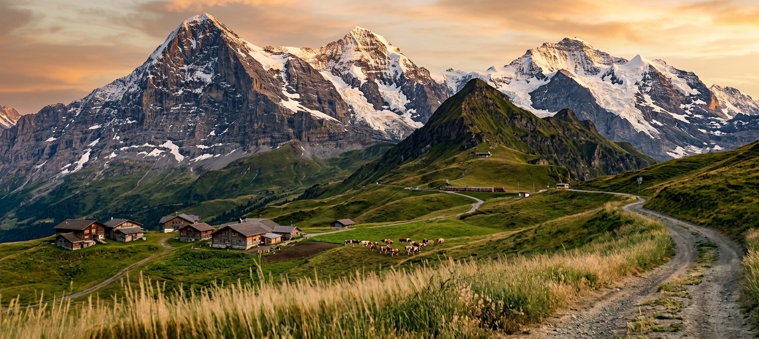 Swiss alpine landscape with snow-capped peaks, green meadows and a winding path at sunset